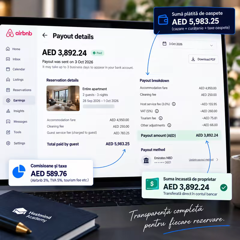 Exemplu vizual cu suma virata prin Airbnb dupa comisioane