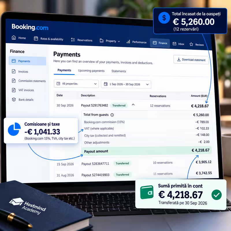 Exemplu vizual cu suma virata prin Booking.com dupa comisioane
